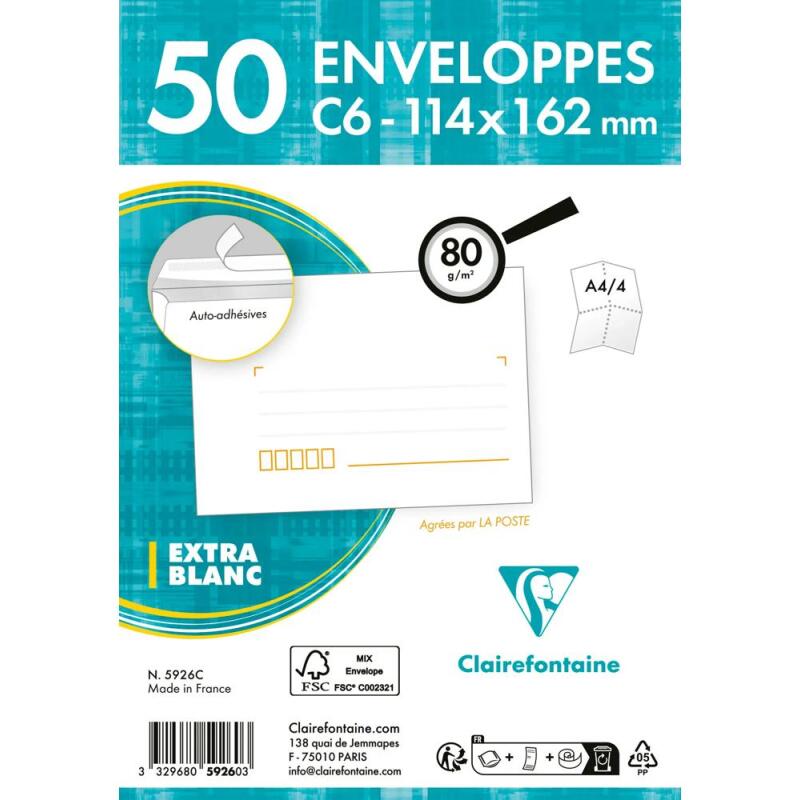 Paquet de 50 Enveloppes Blanches C6-114x162 mm - Précasées - Auto-Adhésives - 80g/m2 - Blanc