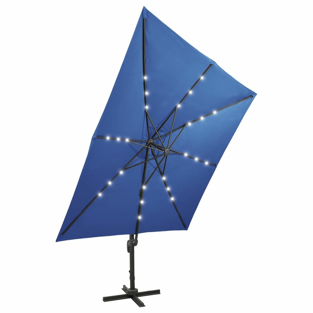 Parasol meuble de jardin déporté avec mât et lumières led 300 cm bleu azur