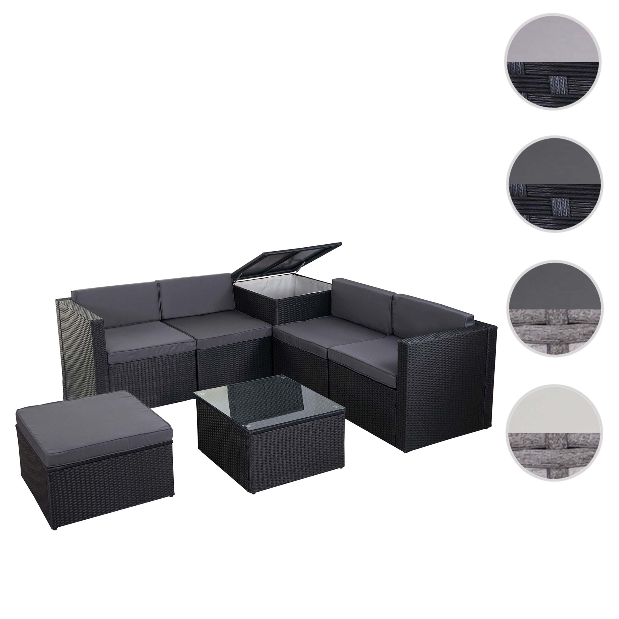 Poly-Rattan-Garnitur MCW-D21, Balkon-/Garten-/Lounge-Set Sofa Sitzgruppe, Box Staufach ~ anthrazit, Kissen dunkelgrau