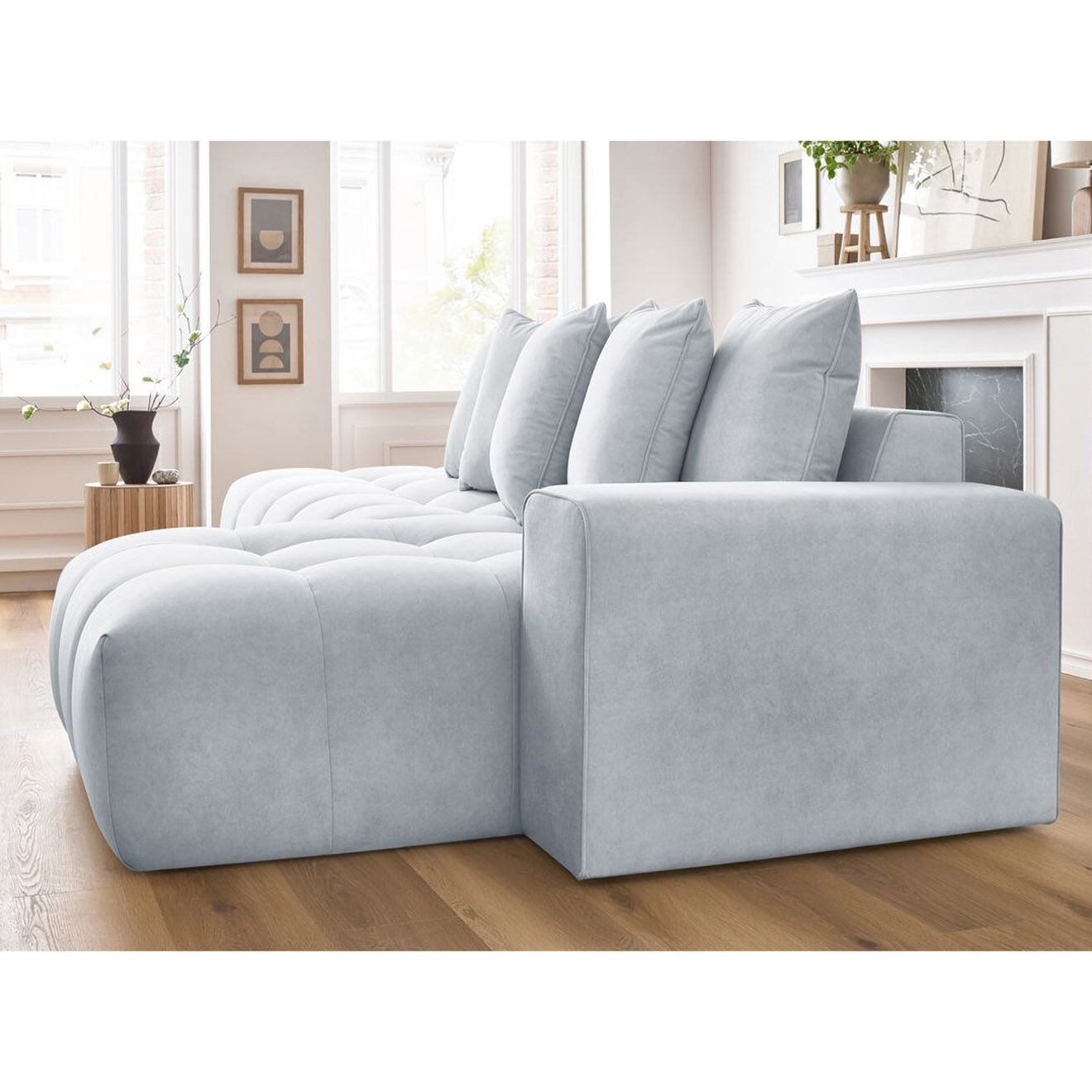 Bobochic Canapé d'angle fixe mont-blanc velours angle droit gris clair - 313x176x97 cm