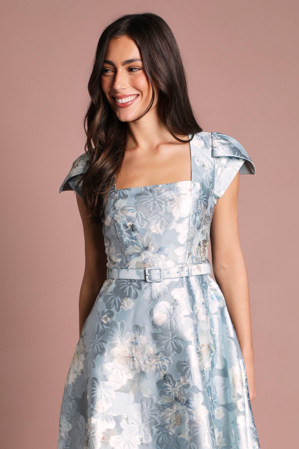 Coast Robe Midi Imprimée À Encolure Carrée Avec Manches Courtes Et Ceinture