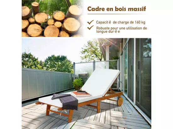 Bains de Soleil Pliable-Bois d'Eucalyptus/Chaise Longue avec Coussin à Roulettes-Dossier Réglable sur 6 Positions-Charge Max 160KG (2 pièces)