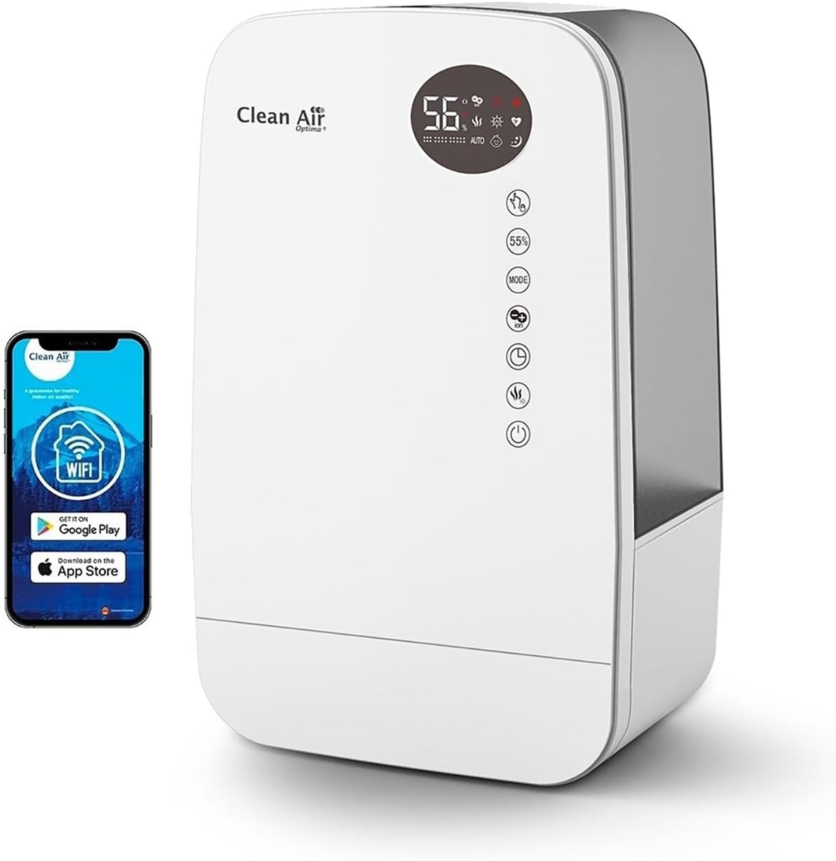 Luftbefeuchter mit Ionisator und Aromatherapie - Clean Air Optima CA-607W Smart - Befeuchtungsleistung max. 480 ml/h - Wassertankinhalt 5,5 Liter - Geeignet für Räume bis 65m²/160 m³