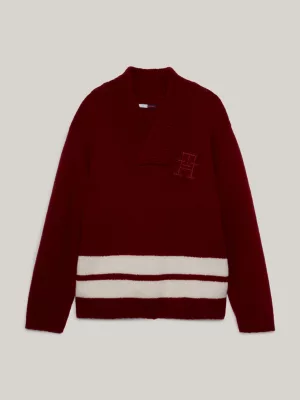 Suéter de críquete grande e oversized com gola xale alta, unissex.