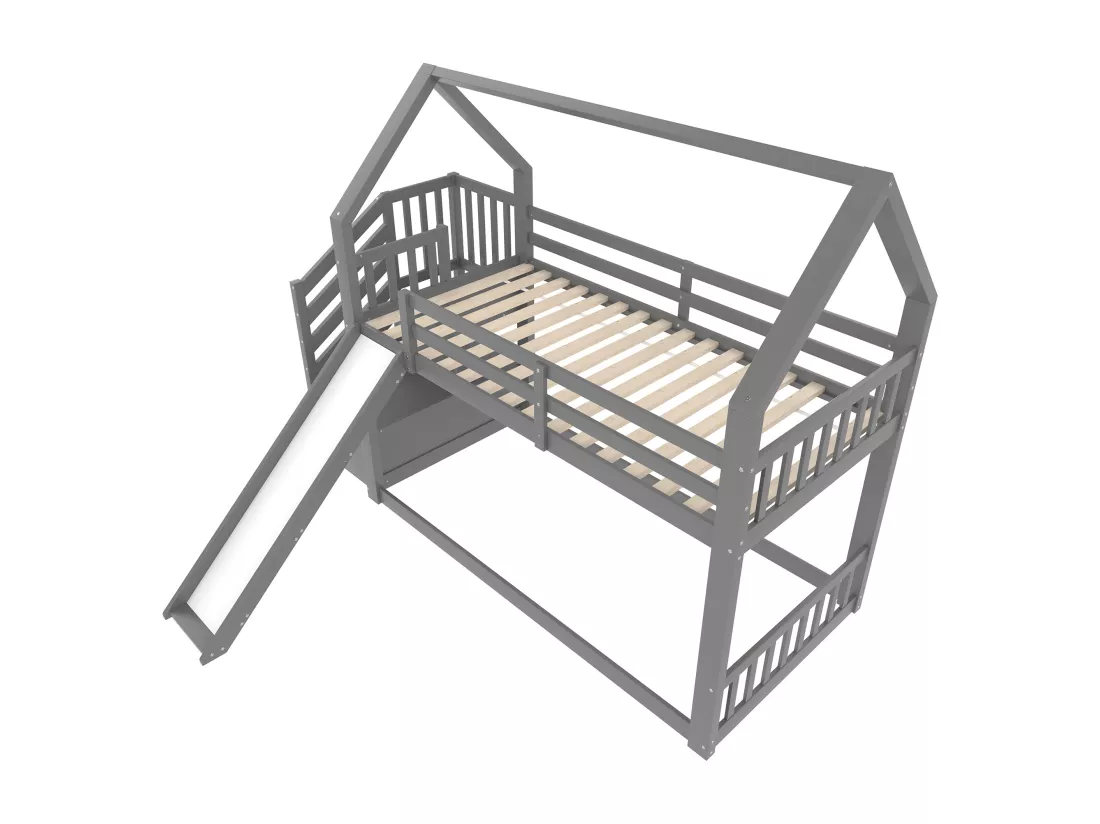Lit superposé 90x200cm en bois - avec barrières + escalier de rangement + toboggan - Gris