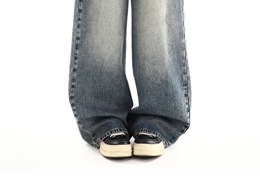 Elyou - Mid Waist Washed Wide Leg Jeans