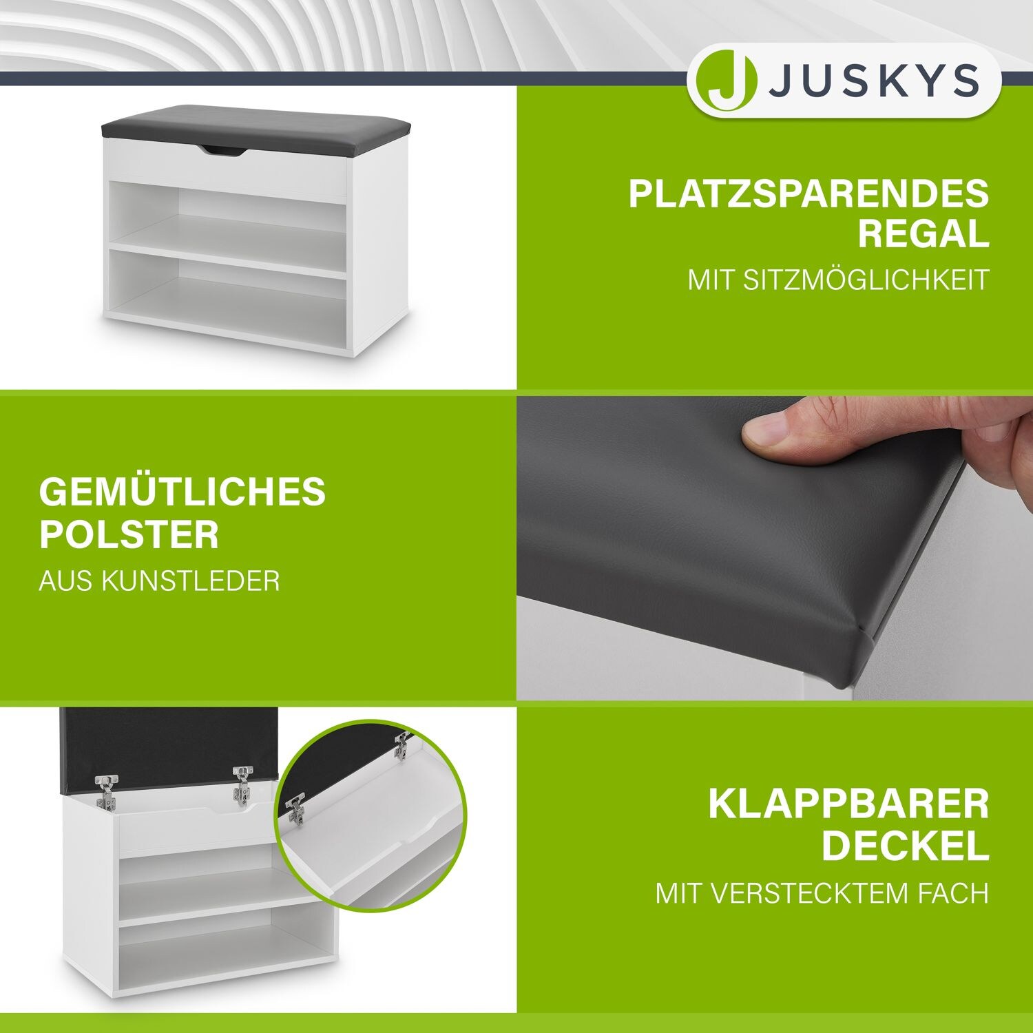 Juskys Schuhregal mit Klappdeckel und gepolstertem Sitz 60x30x44 cm – Holz Regal in Weiß