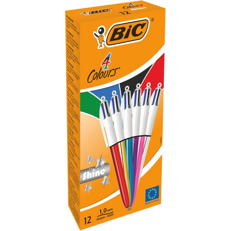 Stylo bille 4 couleurs Bic Shine rétractable pointe 1 mm - écriture moyenne - Boite de 12