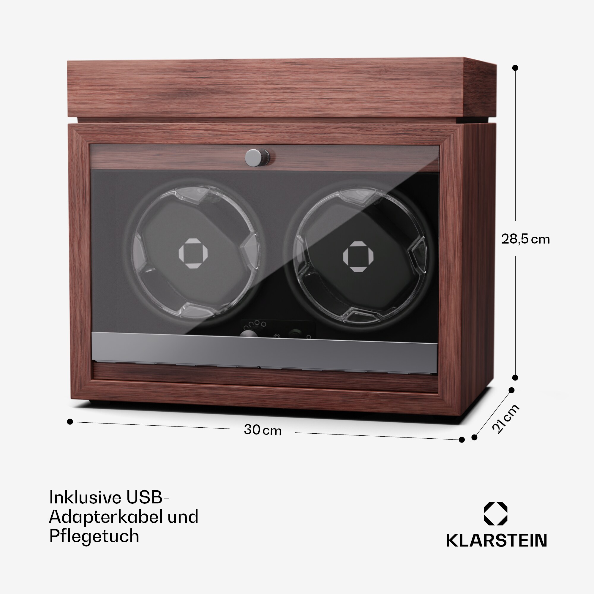 Brienz 2 Uhrenbeweger, 2 Uhren, 4 Modi, Holz-Optik, blaue Innenbeleuchtung, Schmuckfach Walnuss