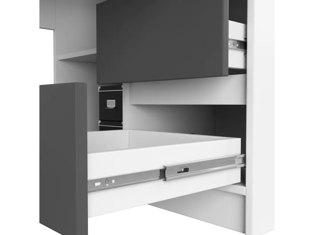Bureau AKORD d'angle gauche B20 Blanc 155 cm 1 porte 3 tiroirs façade Gris Graphite 4 étagères 155x85x77 cm