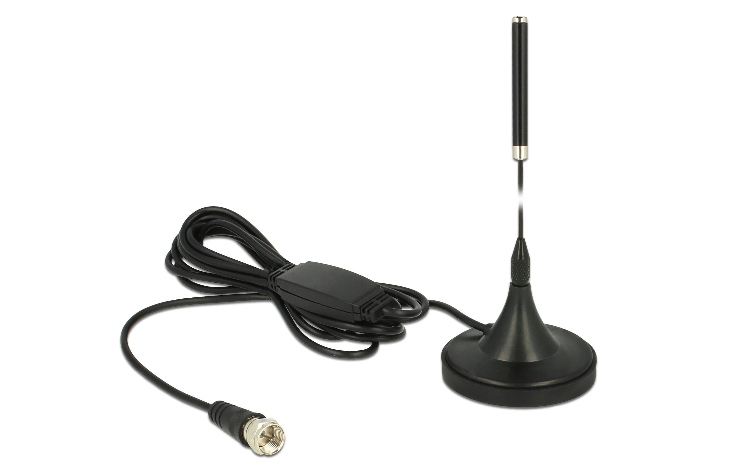 DAB+-Antenne 174 - 240 MHz F-Type 21 dBi RundstrahlDelock DAB+ Antenne F Stecker 21 dBi aktiv starr omnidirektional mit magnetischem Standfuss RG-174 2 m schwarz