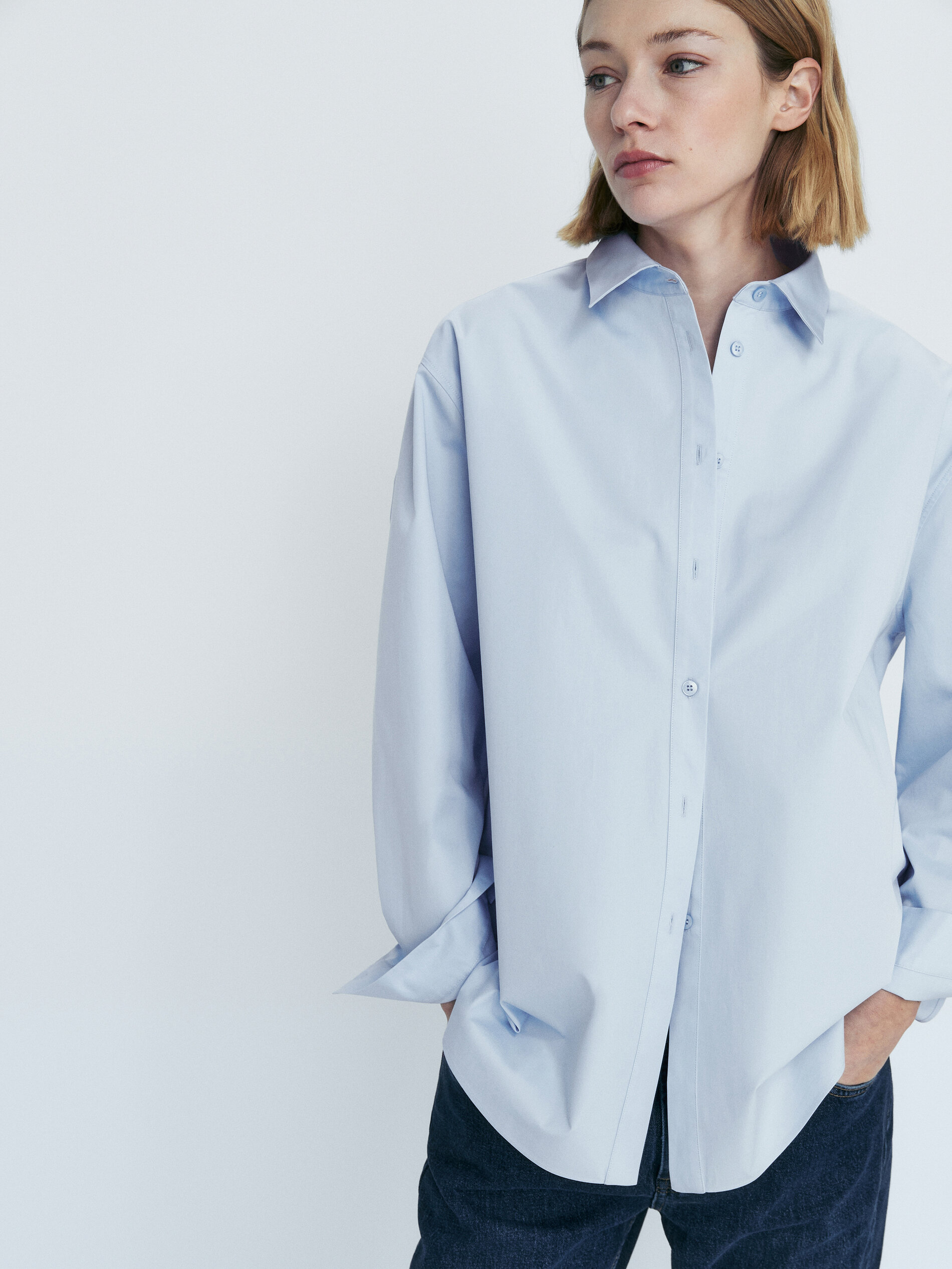 Camisa de algodão popeline sarjado - CELESTE