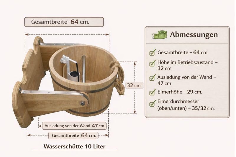 Sauna Schwalldusche Eiche 10,15 L (10 Liter) Holz Schwenkeimer für Sauna & Dusche – Kippeimer mit Wandhalterung und Seilzug – Obereimer für kalte Güsse