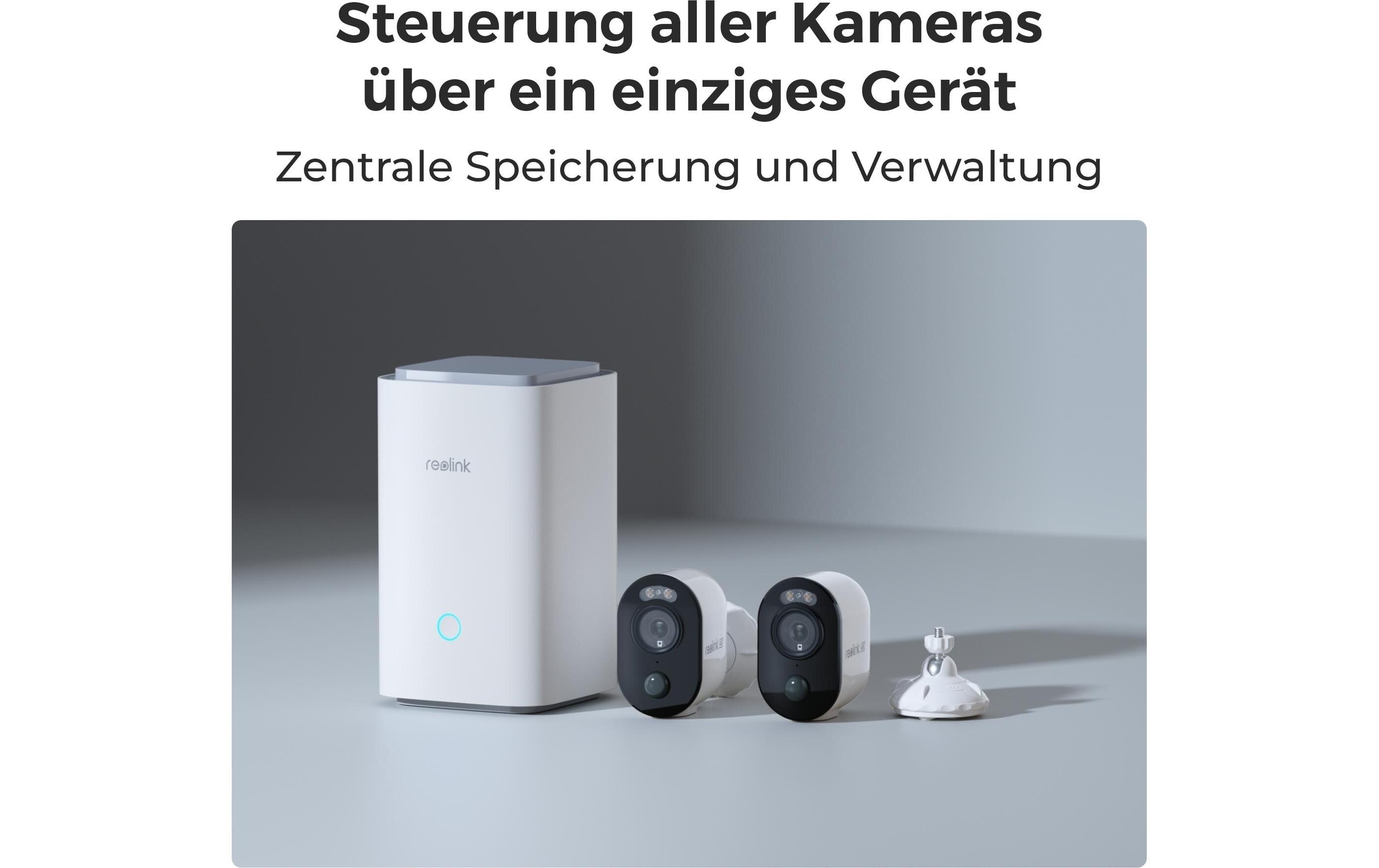 Home Hub B350 Security System + Solar<br>Zwei smarte 4K 8MP Standalone Akku WLAN Kameras mit Personen- und Fahrzeugerkennung, bewegungsaktiviertem Licht, 8 MP (4K) Auflösung, 2-Wege-Audio, farbiger Nachtsicht, optionale Cloudspeicherung inkl. Halteru