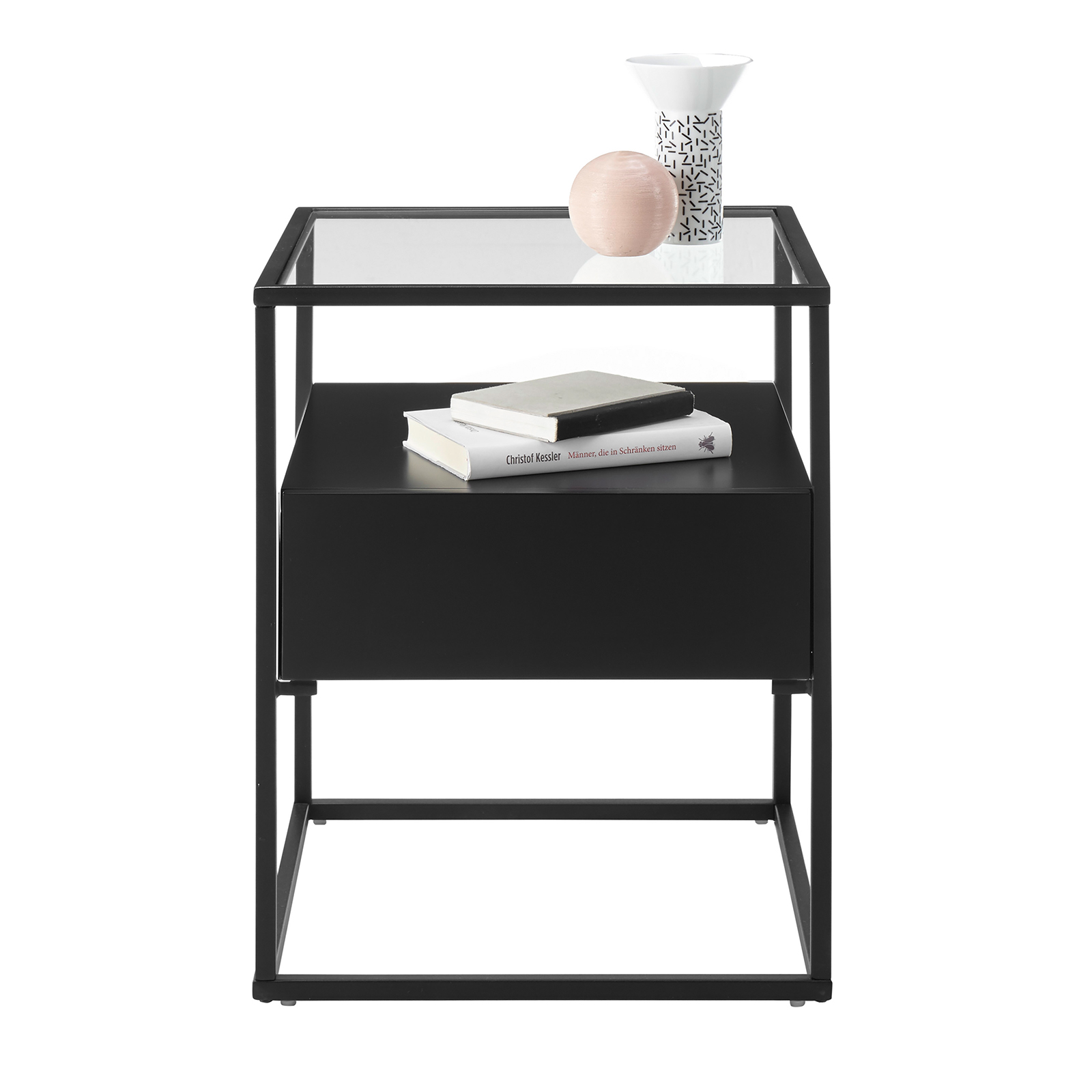 Beistelltisch - schwarz - Glasplatte - mit Schubkasten