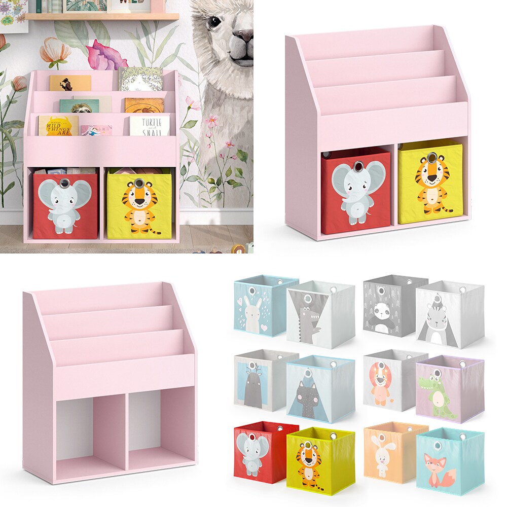 Vicco Kinderbücherregal Luigi 72 x 79 cm, Rosa, Kinderzimmerregal, mit Faltboxen