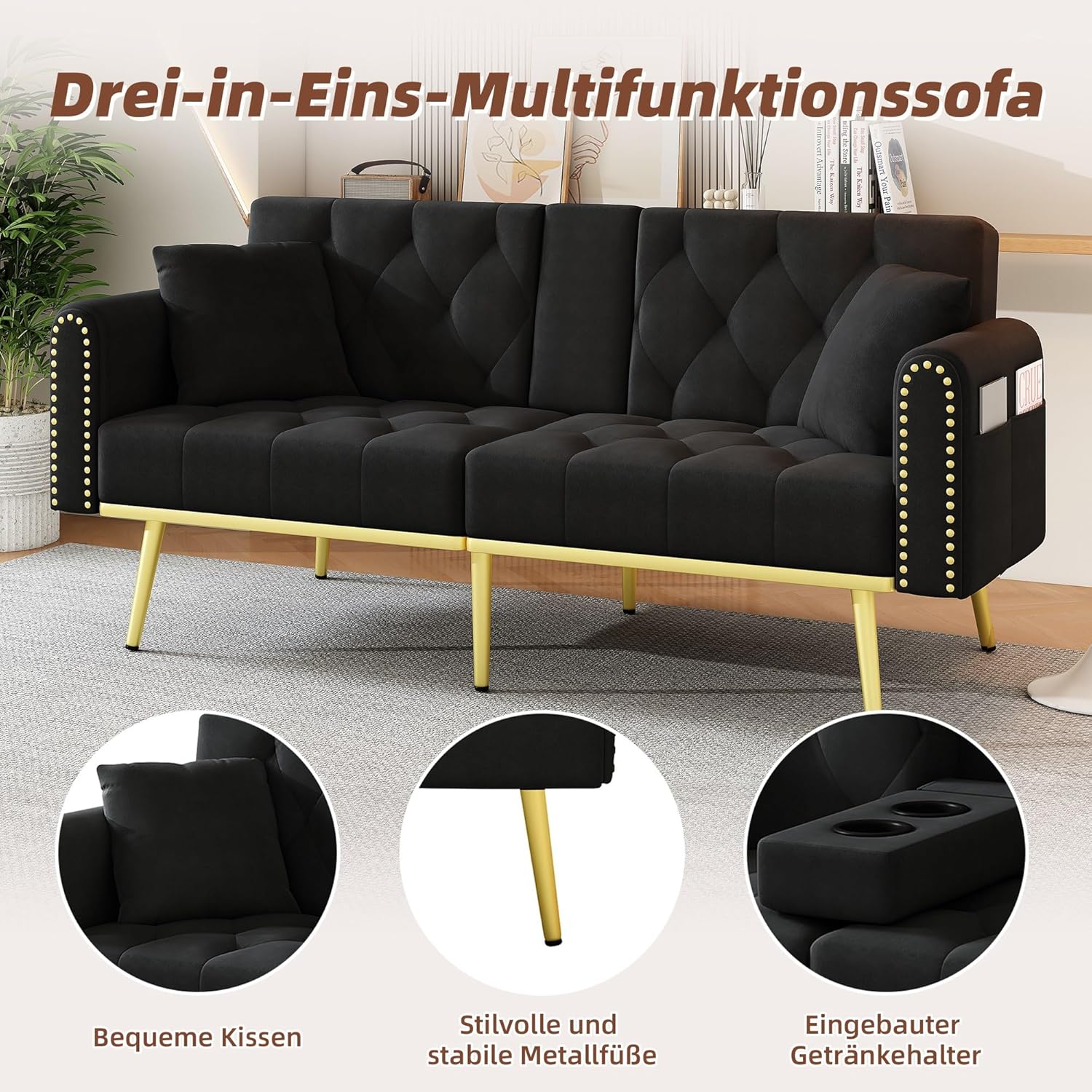 Doppelt ausklappbares Schlafsofa mit Liegefunktion, DREI verstellbaren Neigungswinkeln und Getränkehalter，für Wohnzimmer, Schlafzimmer, Heimkino oder Gästezimmer， Stoffbezug， Schwarz