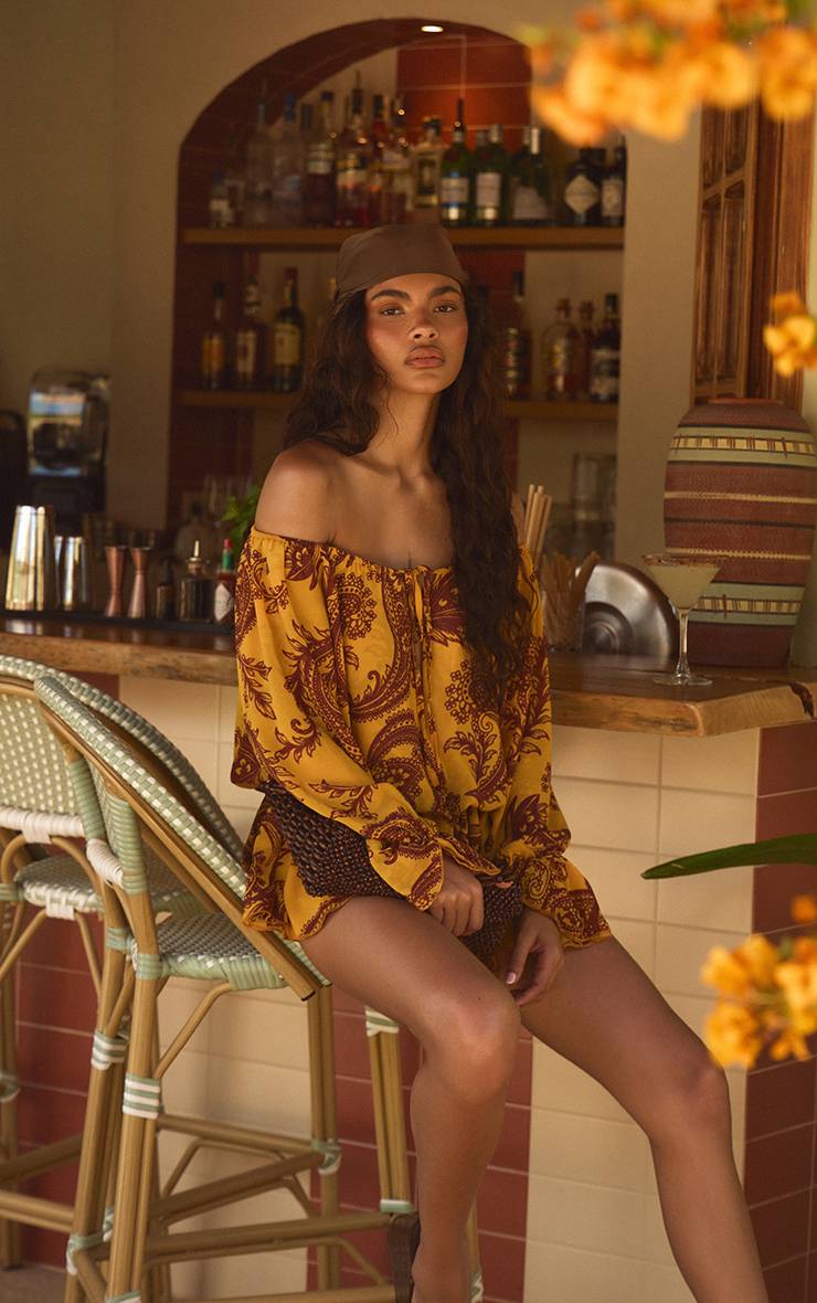 Jaune Combi-short Bardot En Mousseline Imprimé Cachemire