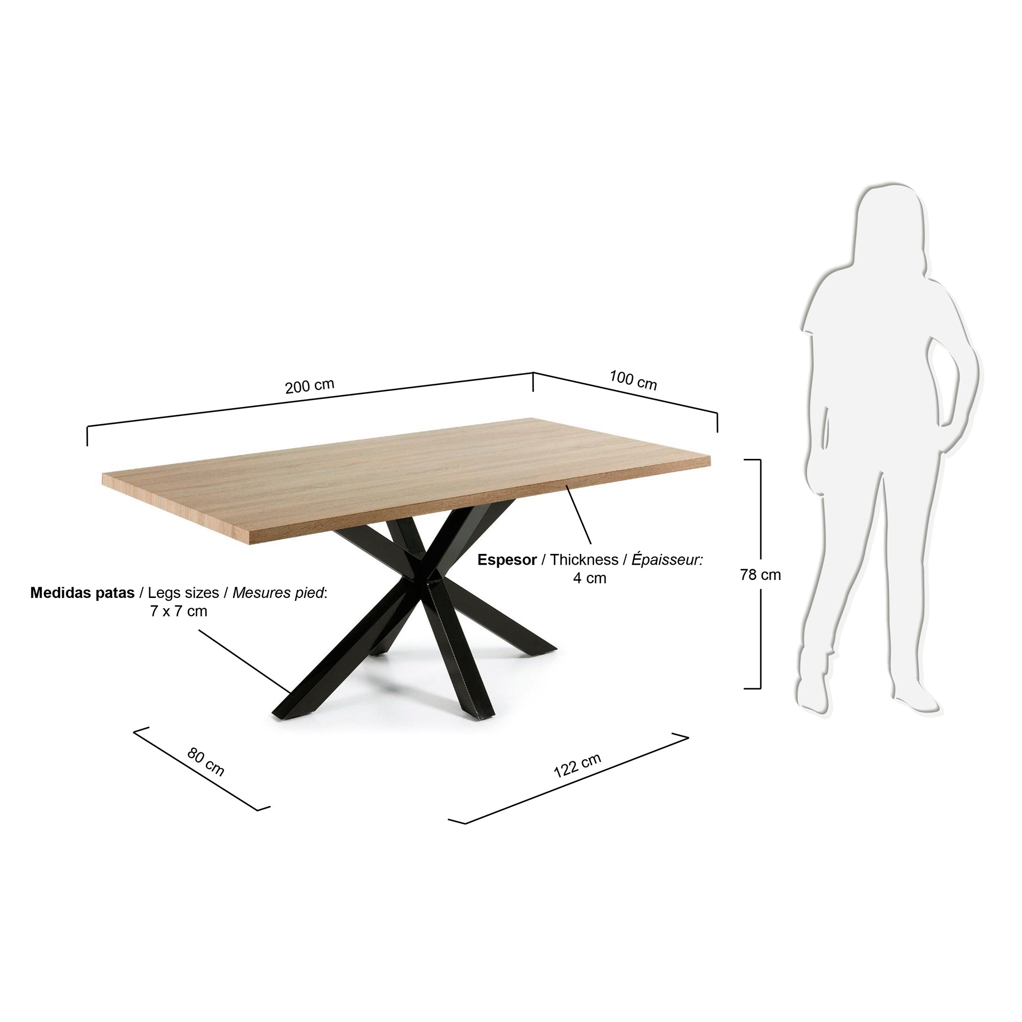 Kave Home Argo Eettafel - 200 x 100 cm - Eiken / Zwart