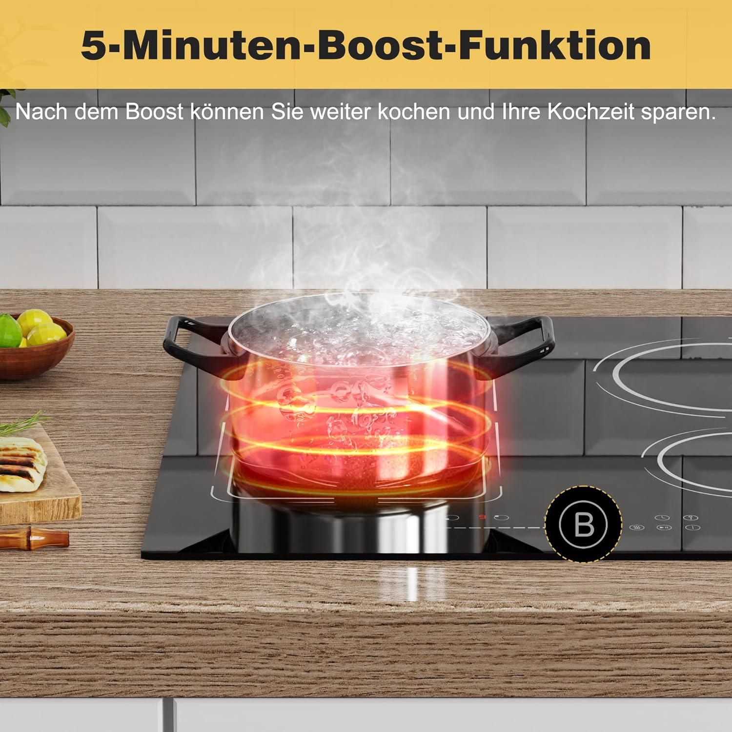 Induktionskochfeld 60 cm, Einbau Kochfeld induktion 4 Platten Autark Induktionsherd mit Stecker Induktionsfeld mit Flexzone 9 Leistungsstufen 3500W Timer Boost Isolierfunktion