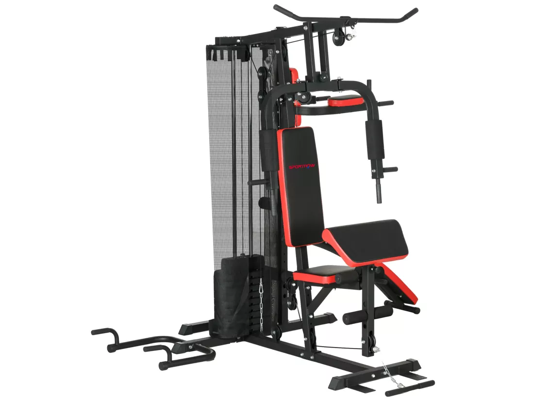 Station de musculation - banc, développé couché, butterfly, barre latissimus et traction, curler, bande résistance, 10 contrepoids - acier noir rouge