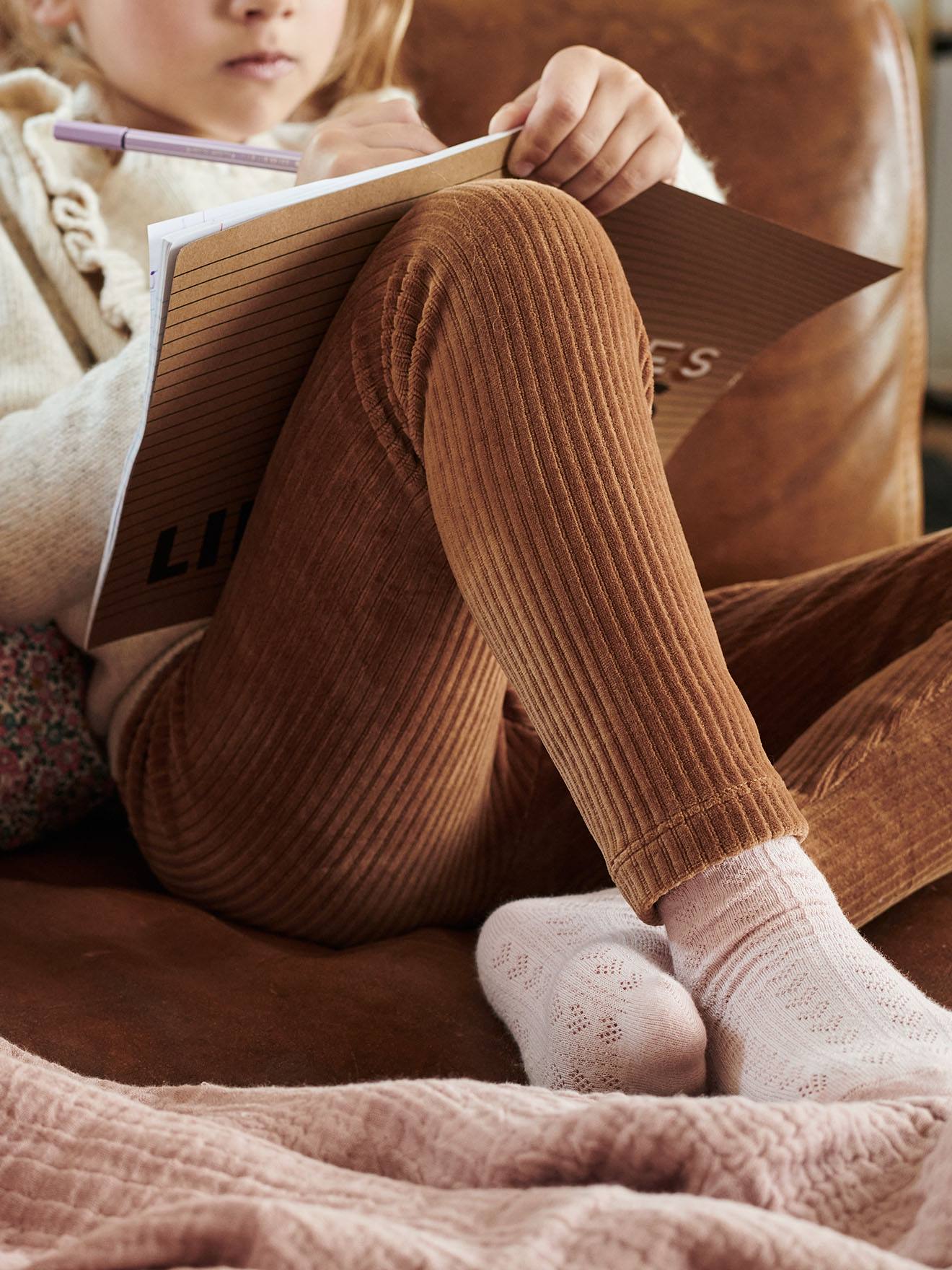 Calças legging de veludo cotelê, lisas, marrom médio, para meninas.