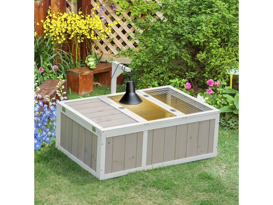 Enclos pour tortue - parc pour tortue - maison pour tortue terrestre - enclos extérieur avec grillage - bois sapin gris blanc