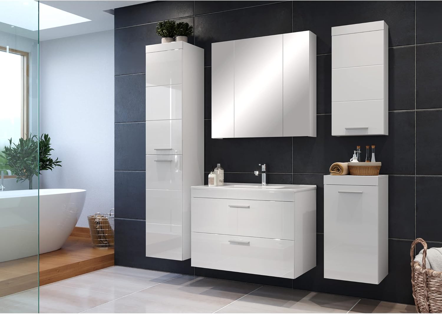 trendteam smart living - Hochschrank Schrank - Badezimmer - Devon - Aufbaumaß (BxHxT) 35 x 170 x 33 cm - Farbe Weiß Hochglanz - 210760101