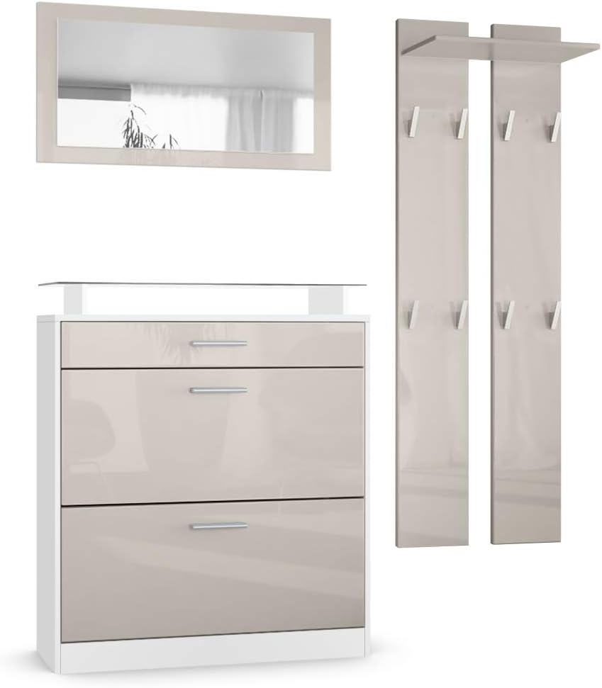 Vladon Garderobe Loret mini, Garderobenset bestehend aus 1 Schuhschrank, 1 Wandspiegel und 2 Garderobenpaneele, Weiß matt/Sandgrau Hochglanz