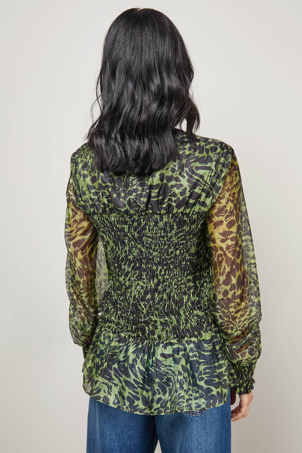 Warehouse Chemise à Manches Bouffantes Froncées en Organza Imprimé Animal