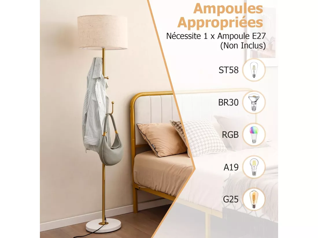 Lampadaire sur pied salon 166,5cm avec interrupteur au pied, lampe sur pied avec base doré