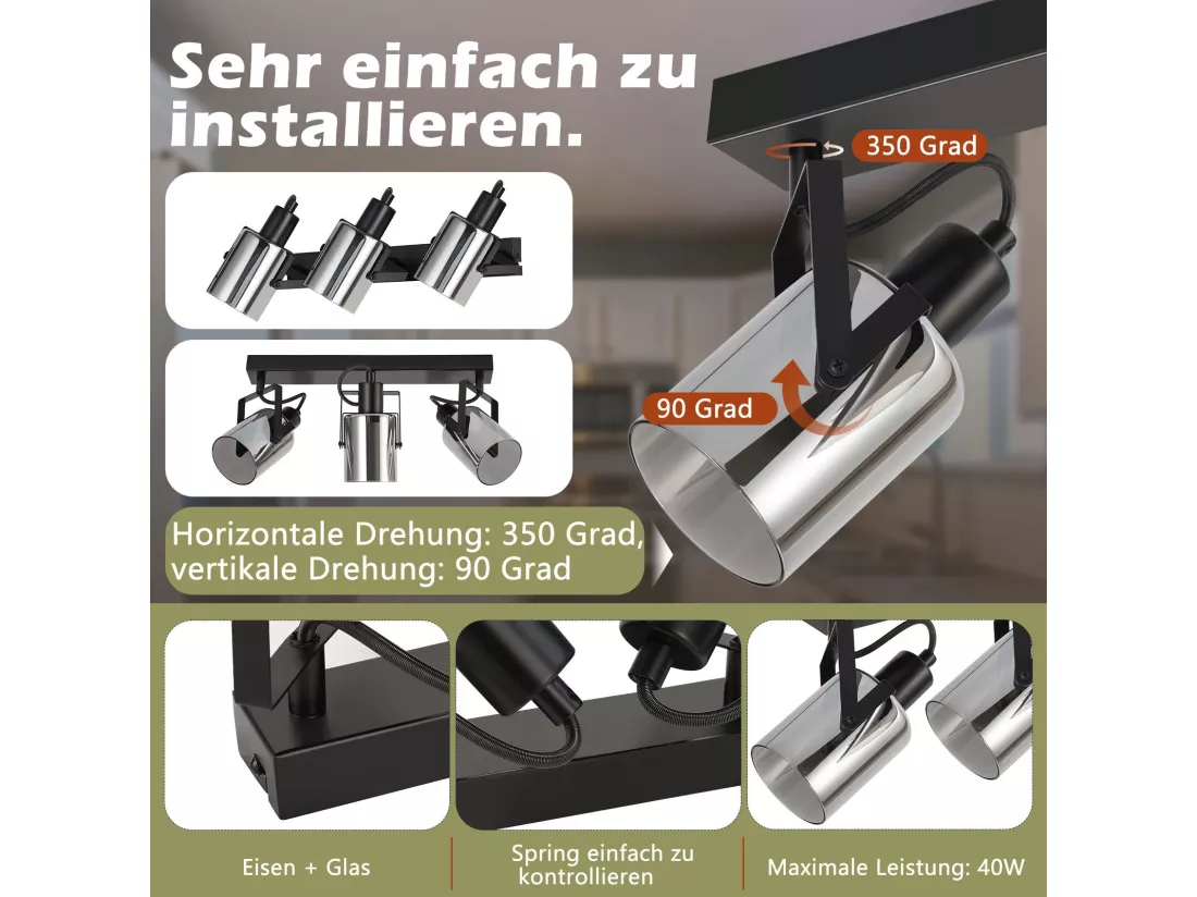 NETTLIFE Spot de plafond Spots de plafond noirs 3 ampoules orientable 350° E14 spots verre