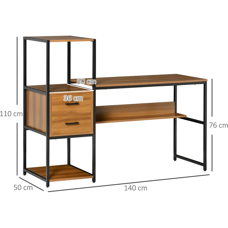 HOMCOM Schreibtisch mit 2 Schubladen natur, schwarz