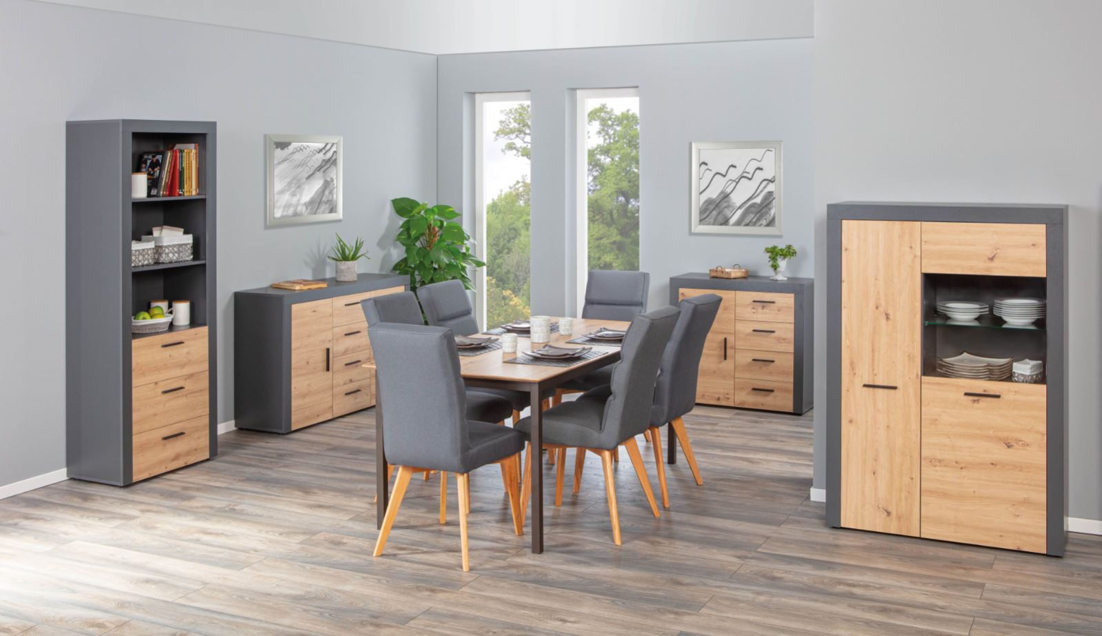 Inter Link Kommode Sideboard Corbeto - Anthrazit und Eiche Artisan Nachbildung - 4 Schubladen/1 Türen
