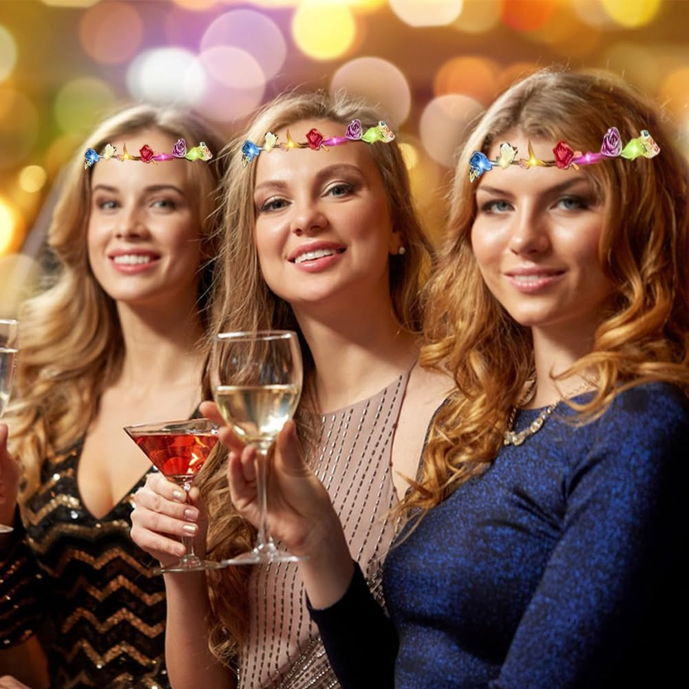 (19er Set) LED Haar Blumenkranz Fasnacht Kostüm Zubehör Motto Party Leucht Stirnband Halloween Foto Requisite mit 3 Modi (Batteriebetrieben) - Bunt