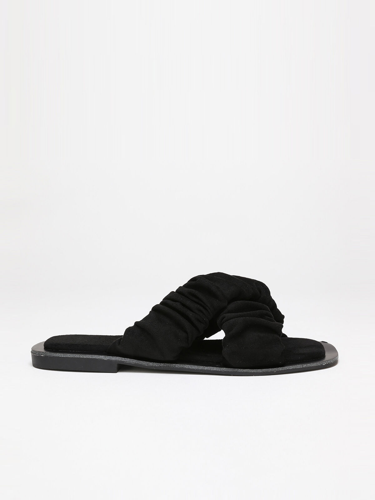 Mules à brides smockée en suédine- Noir