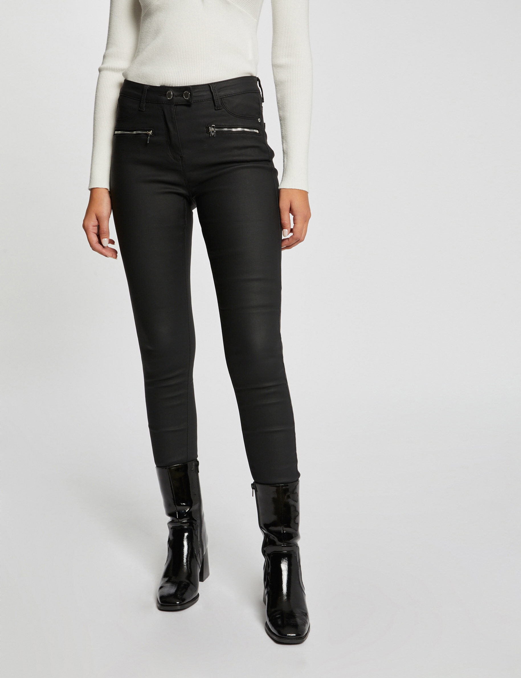 Pantalon skinny enduit détails zippés noir femme - noir