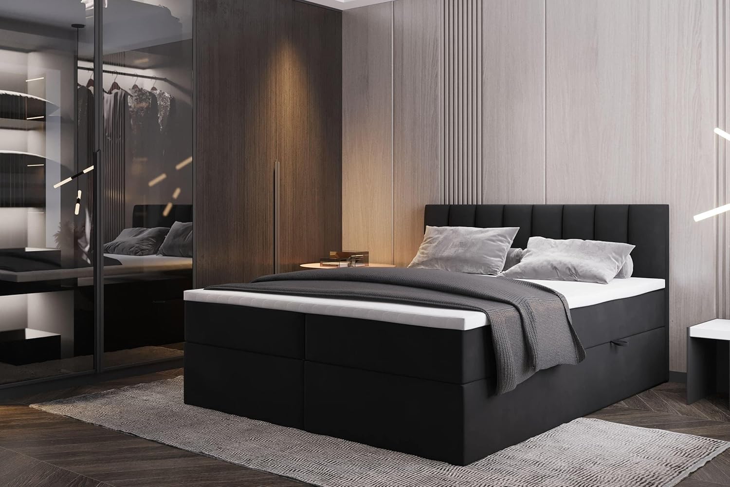 TRADA Boxspringbett mit Bettkästen und Bonell Matratze H3 - Elegant Bett Palermo mit Matratze und Topper - Schwarz - 140 x 200 cm
