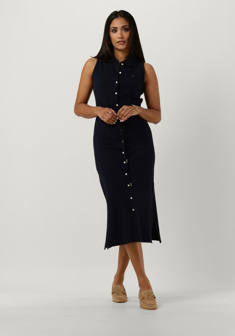 TOMMY HILFIGER donkerblauwe tommy hilfiger midi jurk slm collr dtail midi polo drs ns