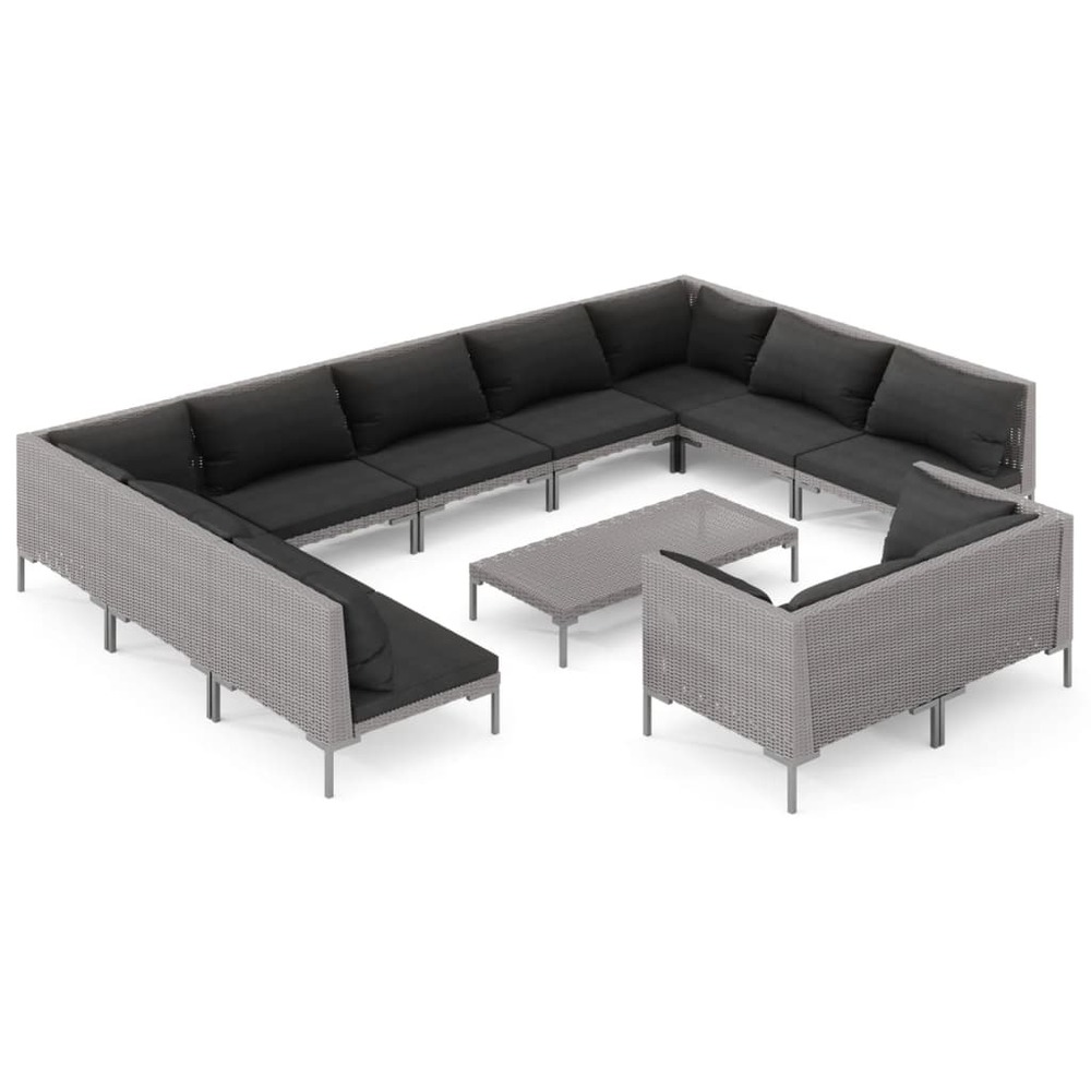 Salon de jardin meuble d'extérieur ensemble de mobilier 12 pièces avec coussins résine tressée gris foncé