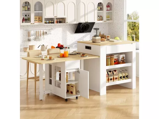 Ilot central de cuisine avec 4 tiroirs et étagères ouvertes - Plateau extensible - 110(214)x78x97.5 cm - 2 à 6 personnes - Blanc+naturel