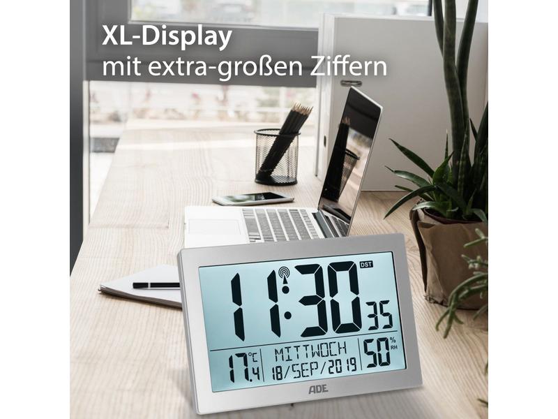 ADE Funk-Wanduhr XL, Silber Wecker mit digitaler Anzeige