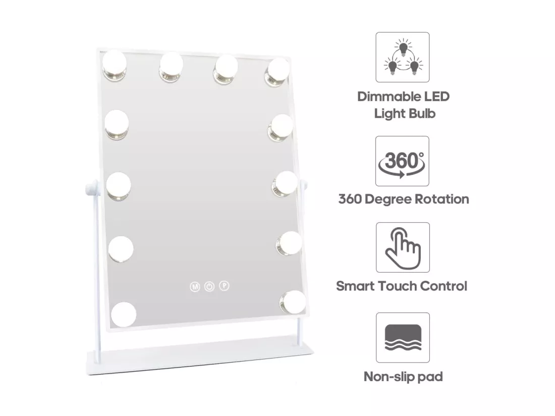 Miroir Maquillage Lumineux 30x41cm,Miroir LED 12 Lumières Miroir Hollywood Rotation à 360° Miroir Coiffeuse Contrôle Tactile,Blanc