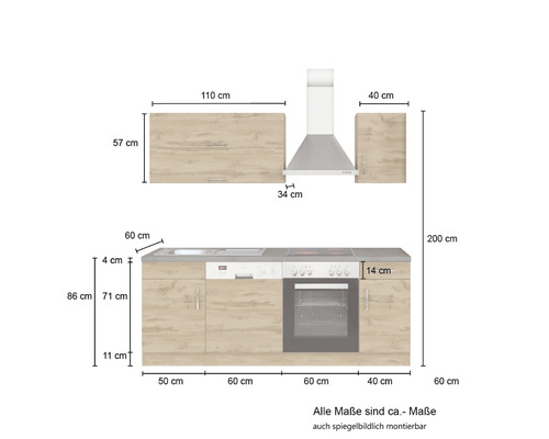 Held Furniture keukenblok met apparatuur Sorrento 210 cm eiken mat gedemonteerd omkeerbaar model 1003.6282