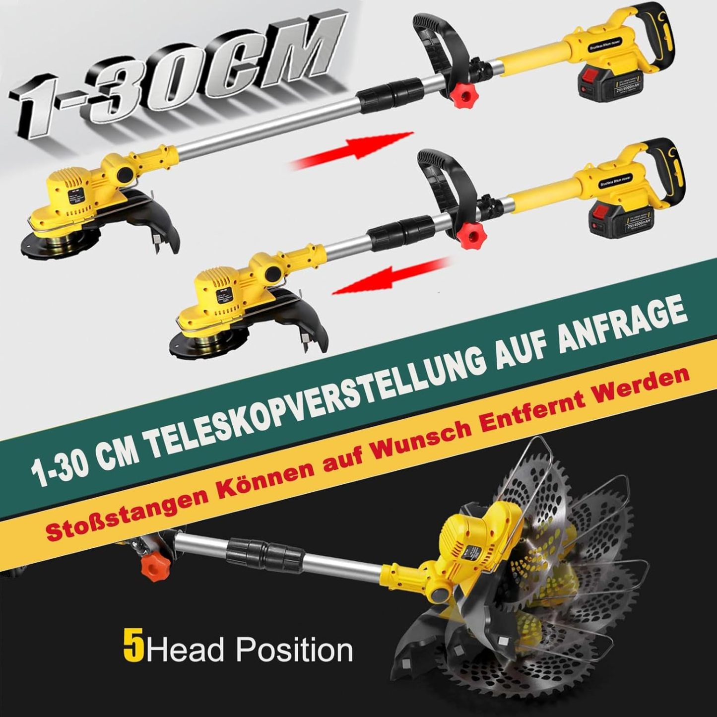 Akku Rasentrimmer mit Akku und Unkrautbürste, Rasentrimmer mit Akku mit 5 Klingentypen, 21 V Bürstenlose Freischneider Akku, mit 2 Akku 4.0Ah für Garden Trimmen (Grau)