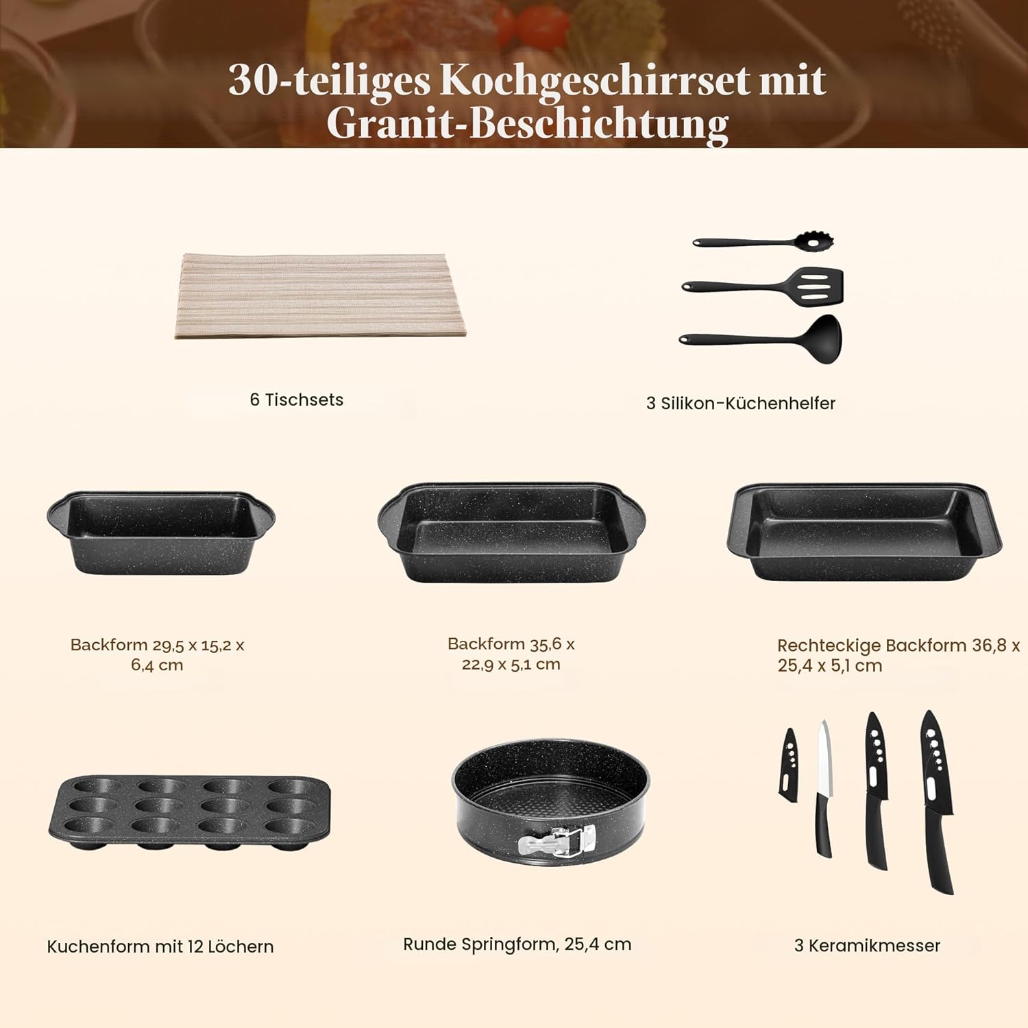 Küche Induktion Kochgeschirr & Backgeschirr Set - 30-teiliges schwarzes Granit-Kochpfannen-Set, antihaftbeschichtete Töpfe und Pfannen Set
