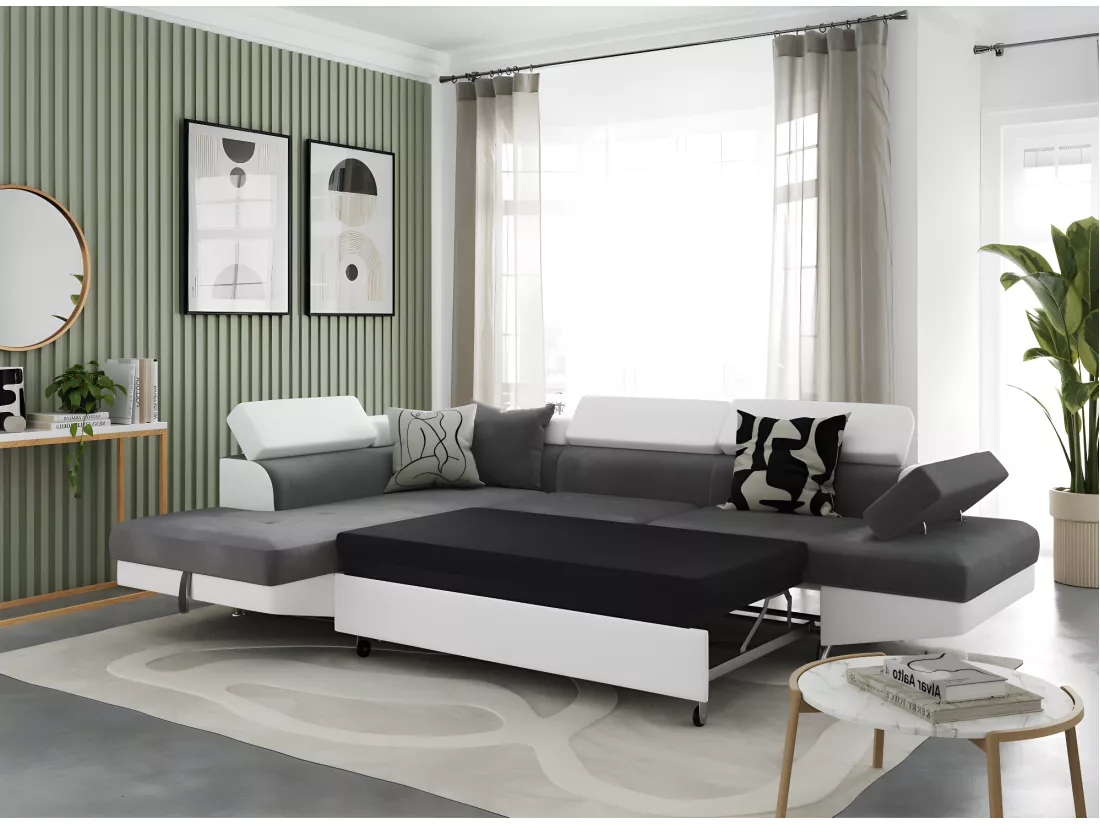 Canapé d'angle gauche 5 places Rio Convertible avec coffre en microfibre et simili - Blanc/Gris - L271 x P192 x H70cm - Loungitude