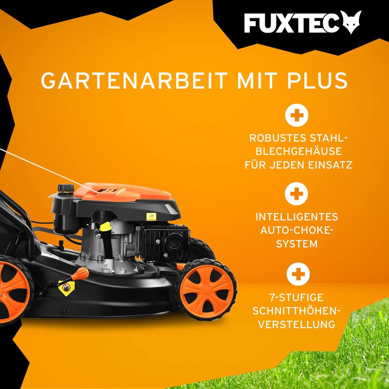 FUXTEC 3in1 Benzin Rasenmäher FX-RM4646ECO mit Frontbumper, leichtgewichtiger Gartenmäher mit Edge-Cut, 46 cm Schnittbreite, starker 4-Takt-Motor, Heckauswurf, Big Wheel Räder, 50L Grasfangkorb