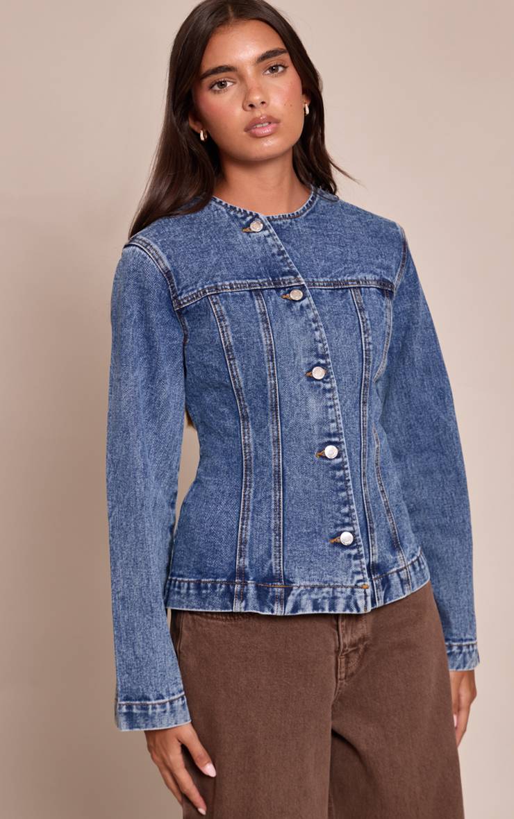 Mid Blue Wash Chemise En Denim Sans Col À Boutonnage Asymétrique