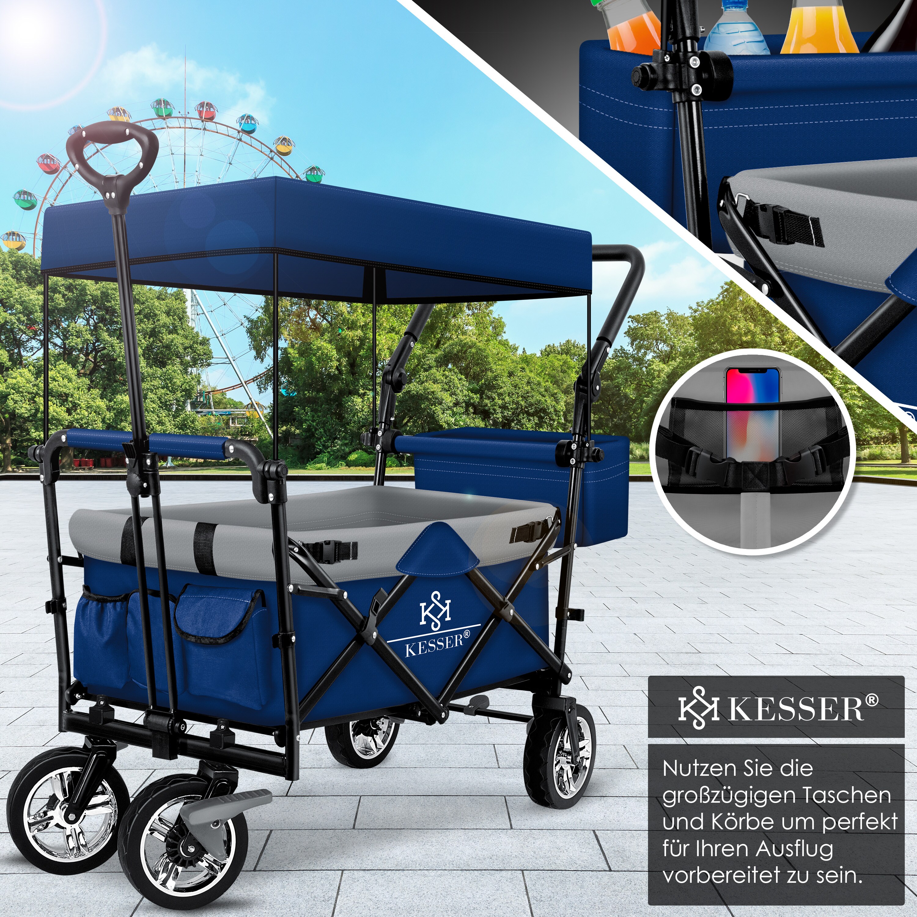 KESSER® Bollerwagen faltbar GT9000 mit Dach Handwagen Transportwagen | inkl. 2x 3-Punkt Gurtsystem| klappbar | Vollgummi-Reifen | bis 80 kg | Vorder- und Hinter-Bremse | + Tragetasche